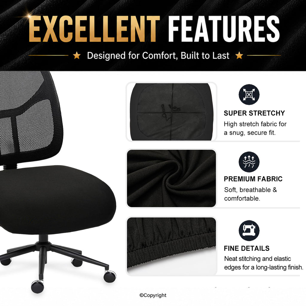 Water-Resistant Stretchable Desk Office Chair Seat Cushion Covers - Universal Spandex Computer Chair Slipcover - Removable Washable Cushion Protectors for Dogs, Cats, Black