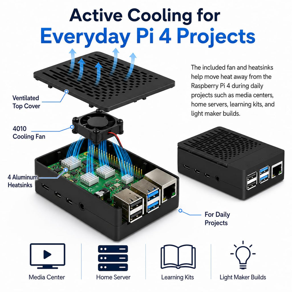 Case for Raspberry Pi 4, ABS Pi 4 Case with Cooling Fan, Pi 4 Heatsink, Simple Removable Top Cover for Pi 4 Model B/ 4B