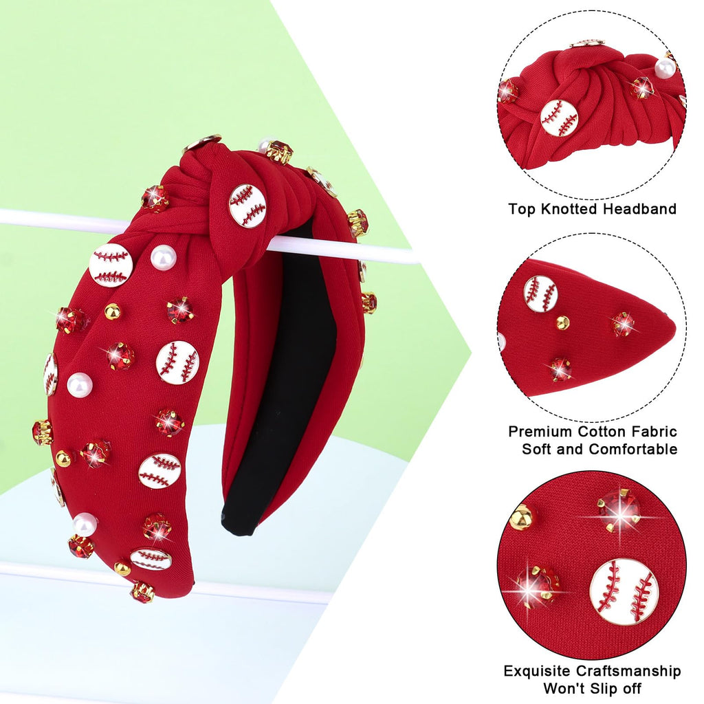 Baseball Top Knot Headband for Women & Girls - Wide Knotted Jeweled Accessory for Game Day, Sports Fan, Mom, Halloween & Christmas Gifts (Red)