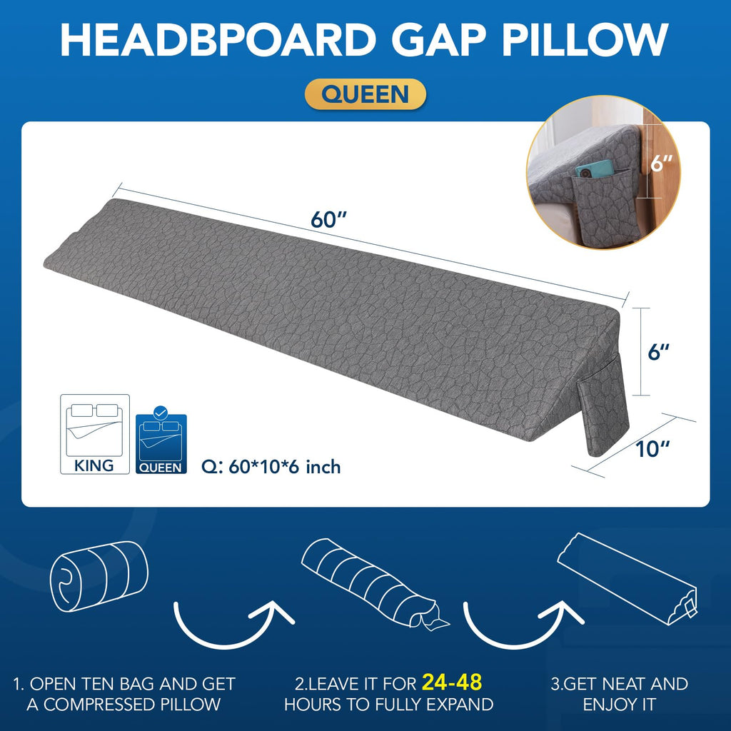 Teemour Queen Size (60"x10"x6") Bed Wedge Pillow Headboard Pillow Mattress Wedge Triangle Pillow Reading Pillow Long Bolster Pillow Bed Gap Filler (0-7") Mattress Gap Filler Between Your Headboard