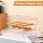 Cooling Rack for Baking 3 Tiers, 16" x 10" Cookie Cooling Wire Rack Stackable Collapsible Nonstick, Stainless Steel Baking Cooking Cooling Racks with Optimum Air Flow, Rose Gold