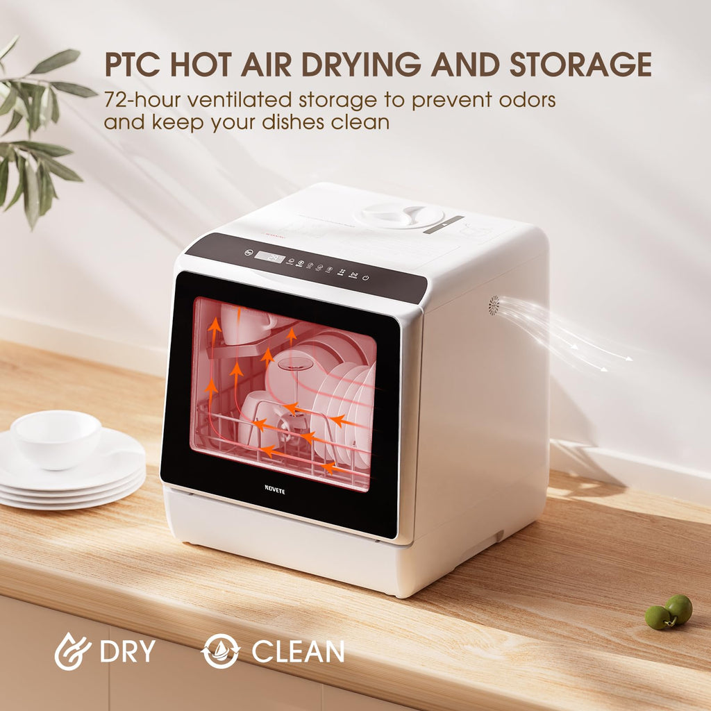 NOVETE Portable Countertop Dishwashers, Compact Dishwashers with 5L Built-in Water Tank & Inlet Hose, 5 Washing Programs, Baby Care, Air-Dry Function and LED Light for Small Apartments