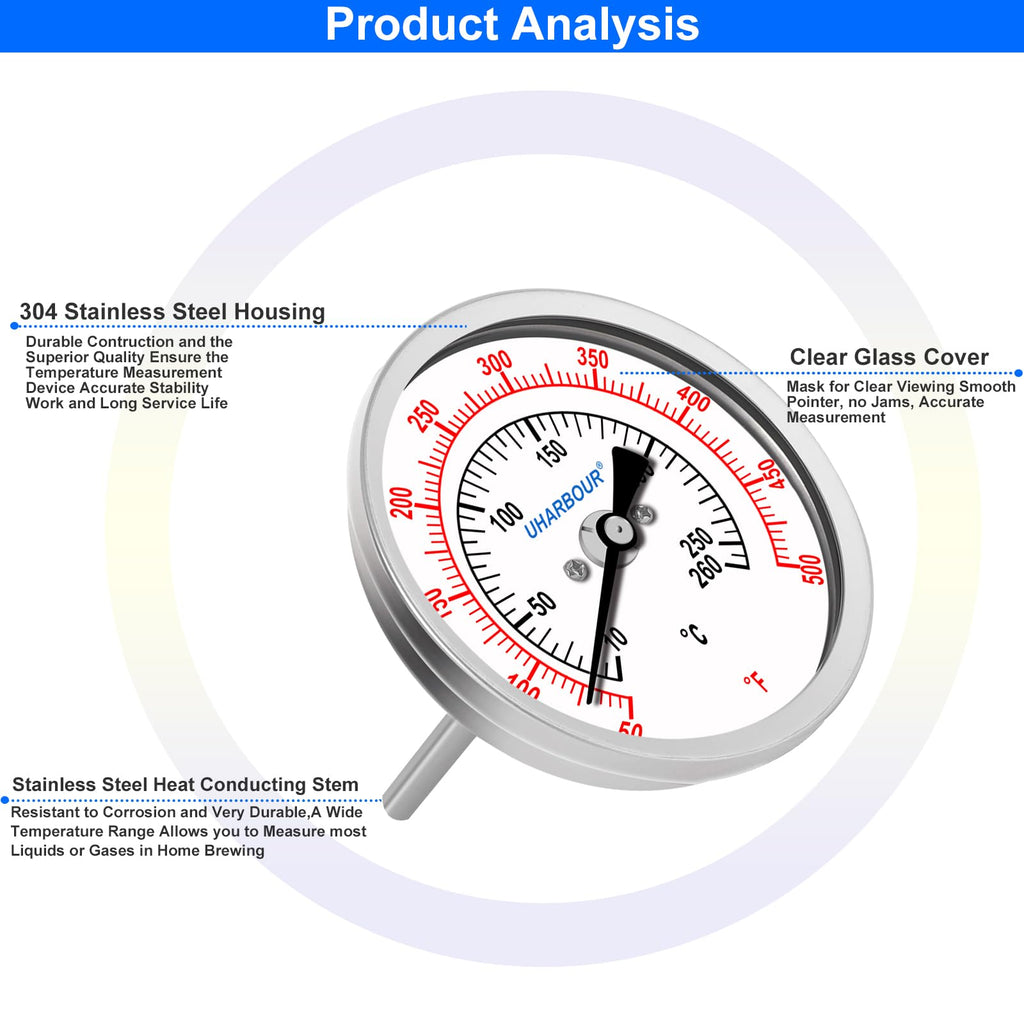 UHARBOUR 3" Dial Oil Thermometer for Frying, Fully StainlessSteel Deep Fry Thermometer, 4" Stainless Steel Stem, 50 to 500°F, 1/2" NPT Back Mount