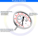 UHARBOUR 3" Dial Oil Thermometer for Frying, Fully StainlessSteel Deep Fry Thermometer, 4" Stainless Steel Stem, 50 to 500°F, 1/2" NPT Back Mount