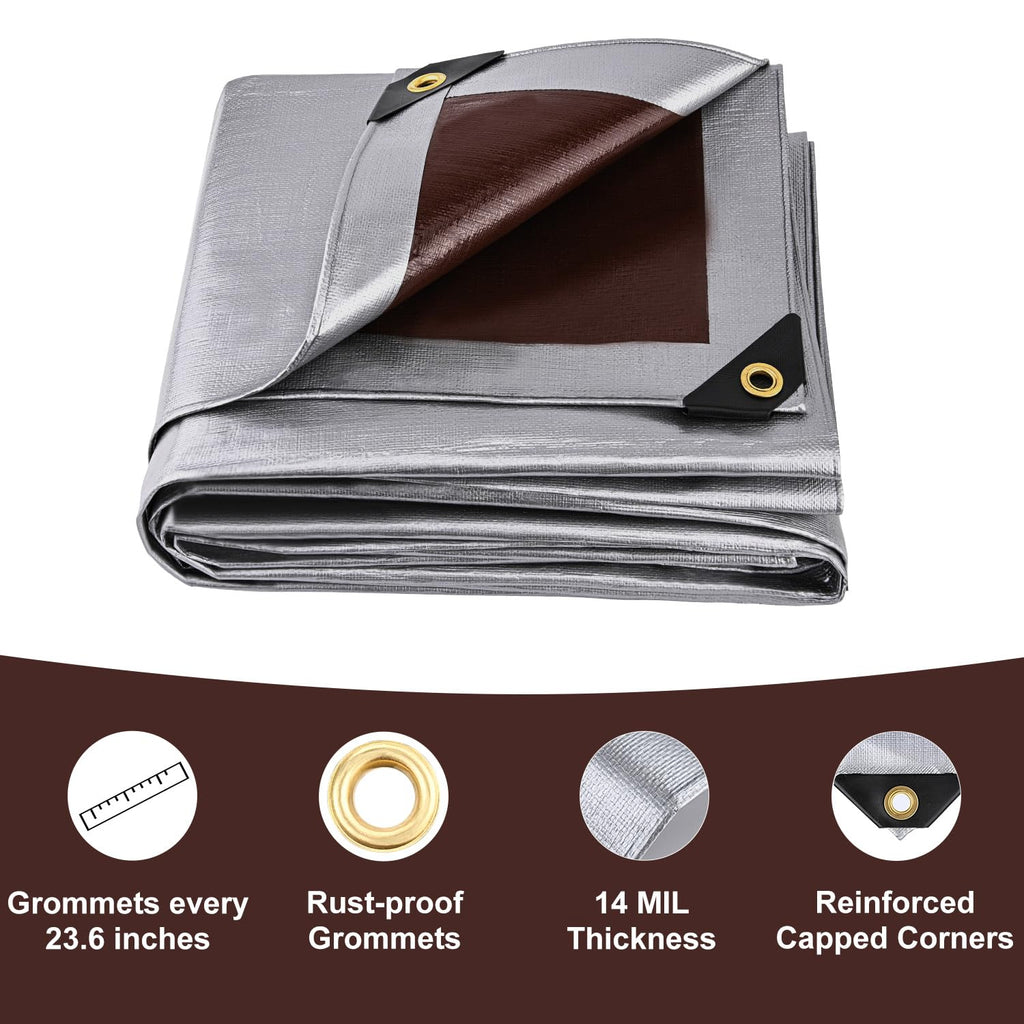 Sunvigor Tarp Waterproof 8x10Ft, Heavy Duty Tarp Cover Extra Thick 14 Mil Tear and UV Resistant, Outdoor Tarps with Grommets and Reinforced Edges for Roof, Camping, Patio, Pool, Boat (Silver/Brown)