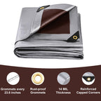Sunvigor Tarp Waterproof 8x10Ft, Heavy Duty Tarp Cover Extra Thick 14 Mil Tear and UV Resistant, Outdoor Tarps with Grommets and Reinforced Edges for Roof, Camping, Patio, Pool, Boat (Silver/Brown)