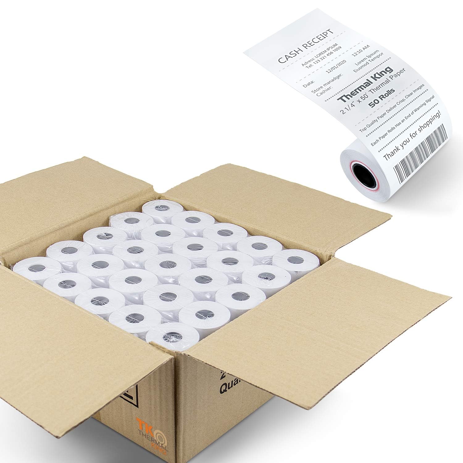 TK Thermal King, (50 Rolls) 2 1/4" x 50' feet Thermal Paper, POS Cash Register Receipt Rolls, Fits All Credit Card Terminal, Premium Quality, White