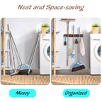OUTNILI Mop Broom Holder Wall Mount with 3 Slots & 4 Hooks - Wood Broom Mop Hanger for Pantry Kitchen Organization - Garden Tool Organizer for Closet Laundry Room - for Rustic Farmhouse Kitchen Decor
