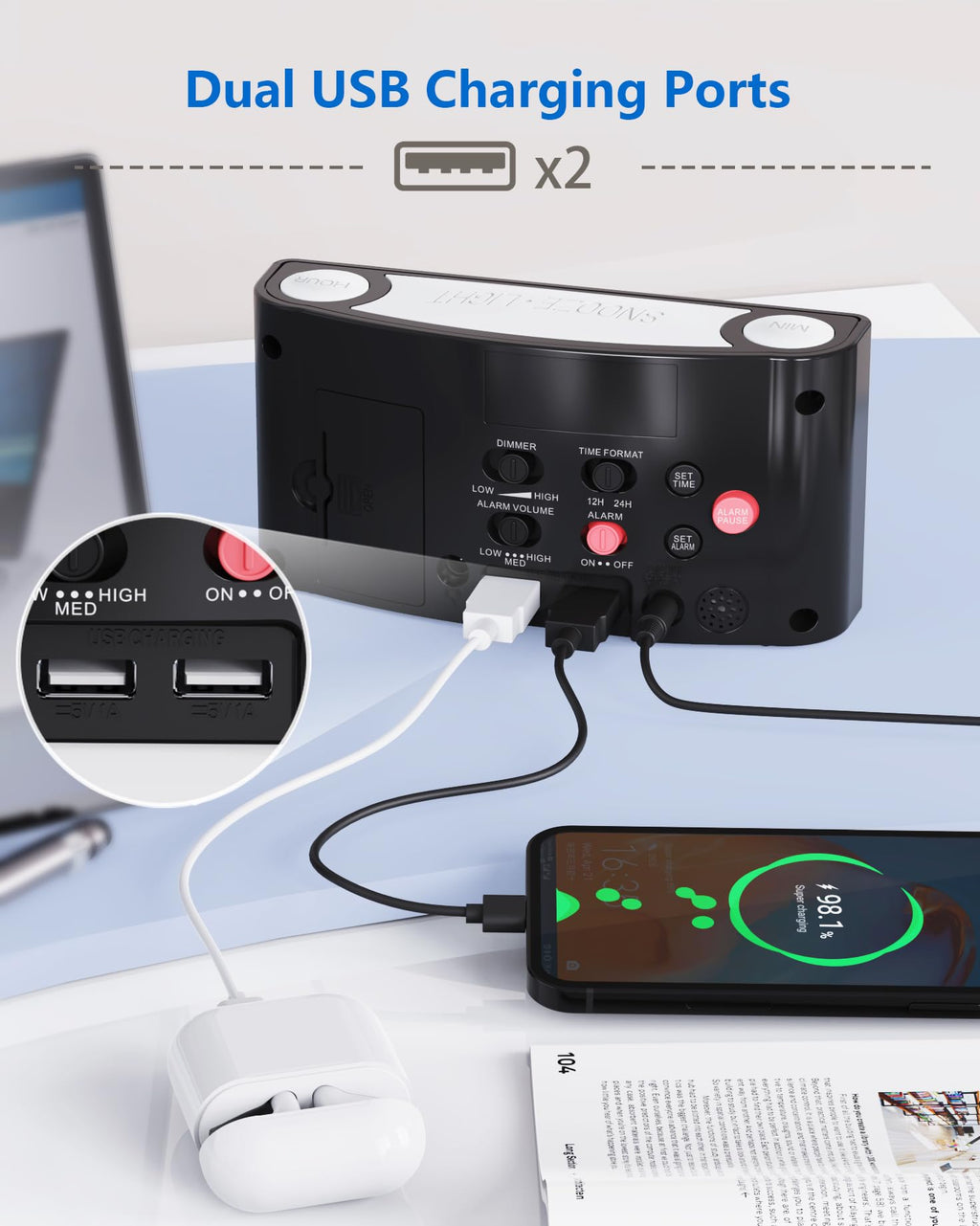 Digital Alarm Clock,7.5" Big LED Display & Full Dimmer,USB Cellphone Chargers,7-Color Night Light,Adjustable Volume,12/24 H,Plug-in Easy to Set Alarm Clock for Kids Elderly Bedside Desk Kitchen Office