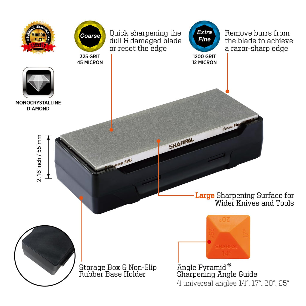 SHARPAL 162N Double-sided Diamond Sharpening Stone Whetstone Knife Sharpener | Coarse 325 / Extra Fine 1200 Grit | Storage Case with NonSlip Base & Angle Guide (8 in. x 3 in.) Gifts for Men