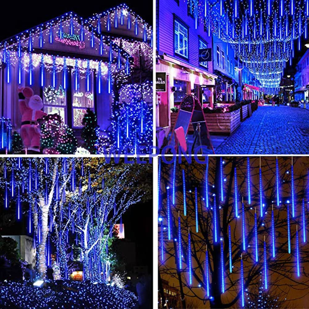 Weepong Meteor Shower Lights Outdoor Christmas Lights UL Certified Falling Rain Drop Lights Snowfall Icicle Cascading String Lights for Xmas Holiday Tree Garden Decor Blue, 12Inch 8Tubes