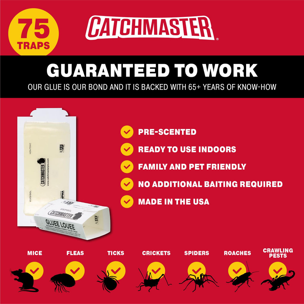 Catchmaster Mouse and Insect Glue Boards, 75-Pack Mouse Traps Indoor for Home, Sticky Pest Control Adhesive for Catching Bugs, Rats & Rodents, Non Toxic Bulk Glue Traps