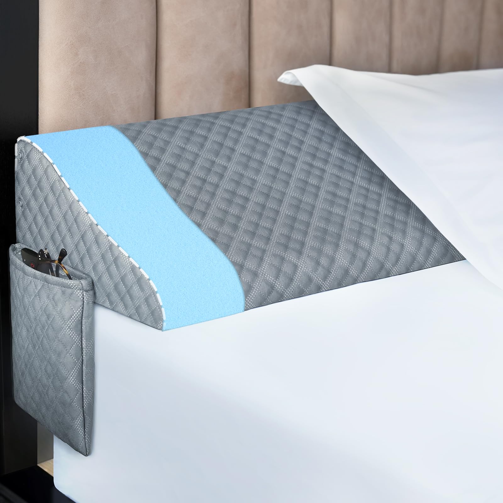 Kayfia King Size Pillow Wedge for Headboard Gap Bed Gap Filller (0-8") Mattress Space Filler Pillow Stopper with 2 Side Pocket Triangle Foam Pillow Wedge Between Headboard Mattress (Grey, 76"x10"x6")