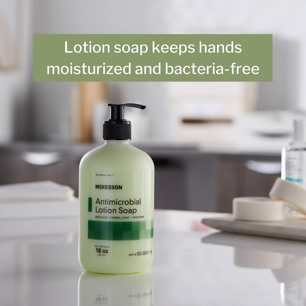 McKesson Antimicrobial Lotion Soap with Pump, Aloe, Herbal Scent, 18 oz, 12 Count