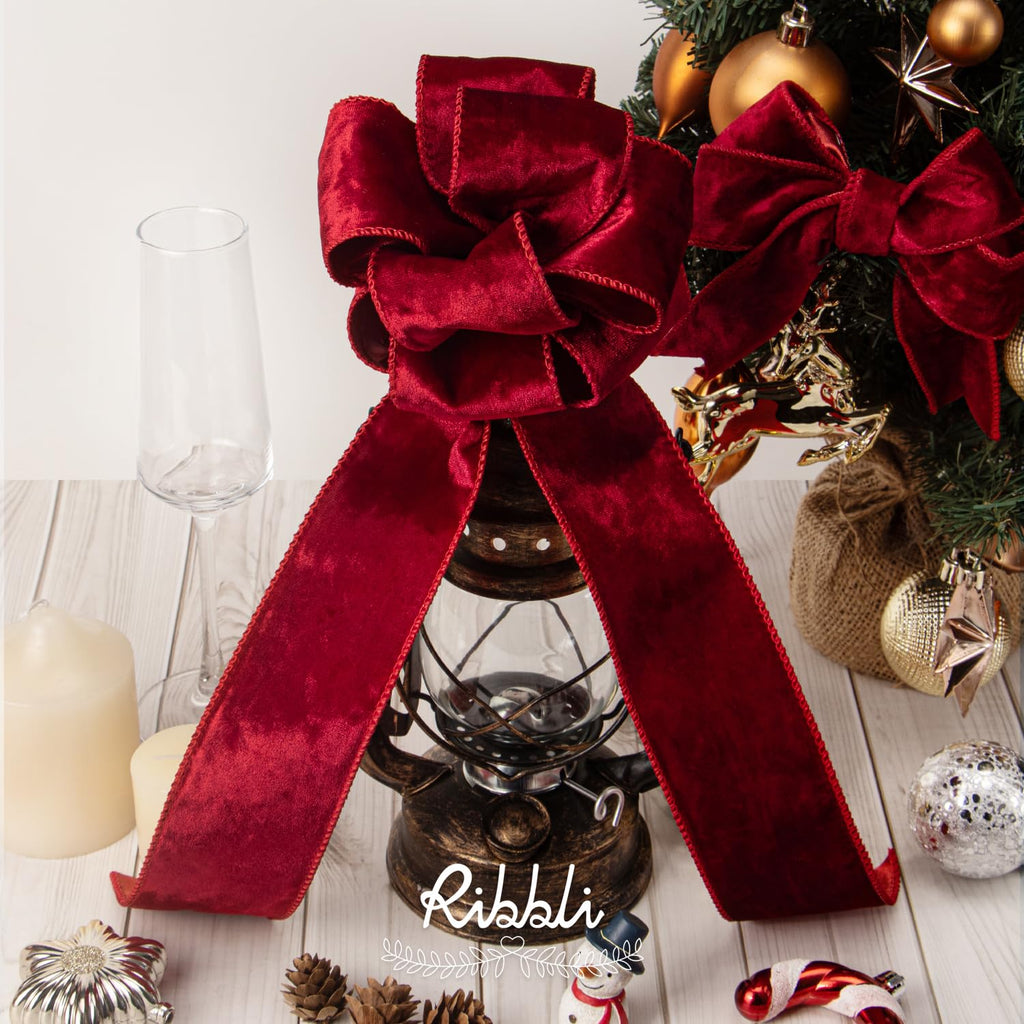 Ribbli Red Velvet Wired Ribbon 2.5 Inch Metallic Red Crushed Velvet Christmas Ribbon for Gift Wrapping Christmas Tree Decoration Crafts Wreaths Supplies-Continuous 10 Yards