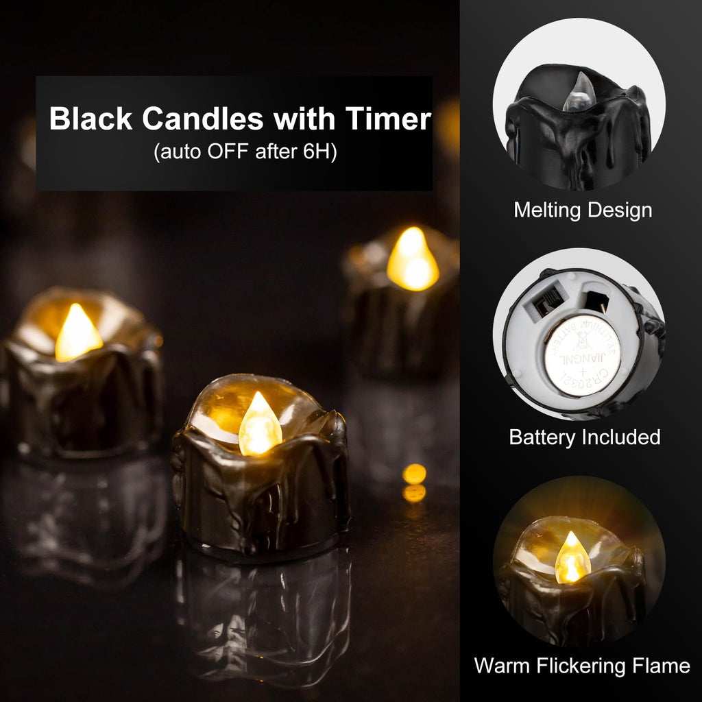 Windshell Black Tealight Candles with 6H Timer (No Remote), Melting Design (Plastic), Battery Operated LED Flameless Tea Lights for Party, Wedding, Halloween and Christmas, Pack of 12