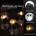 Windshell Black Tealight Candles with 6H Timer (No Remote), Melting Design (Plastic), Battery Operated LED Flameless Tea Lights for Party, Wedding, Halloween and Christmas, Pack of 12