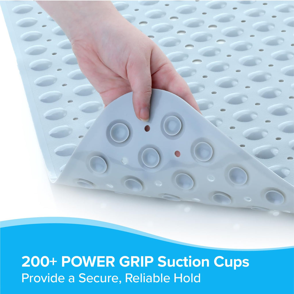 SlipX Solutions Power Grip Extra Long Bath Tub & Shower Mat 39x16, Wet Floor Non-Slip for Elderly & Kids Bathroom, 30% Longer Bathtub Mats, 200 Suction Cups, Drain Holes (1, Solid Gray)