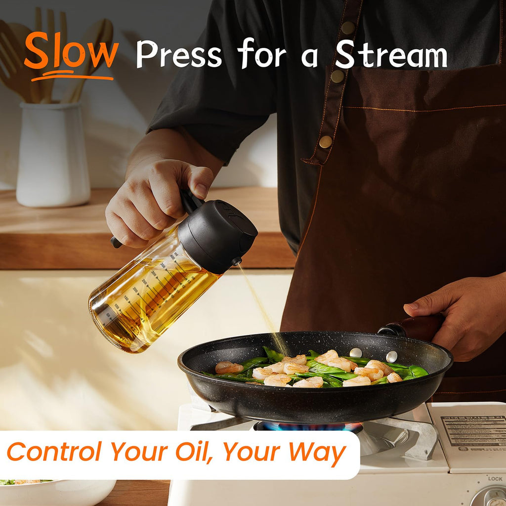 16oz/470ml Glass Olive Oil Sprayer for Cooking – 2 in 1 Olive Oil Dispenser Bottle for Kitchen Gadgets and Air Fryer Accessories, Salad, BBQ - Black
