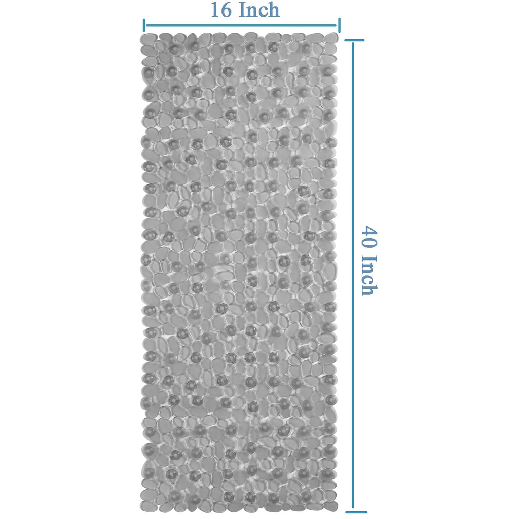Webos Bath Shower Mat Non Slip: Extra Large Pebble Bathtub mat for Kids, Elderly, Anti Slip Shower Matt with Drain Holes Suction Cups Tub Mat - 16 X 40 Inch Clear Grey