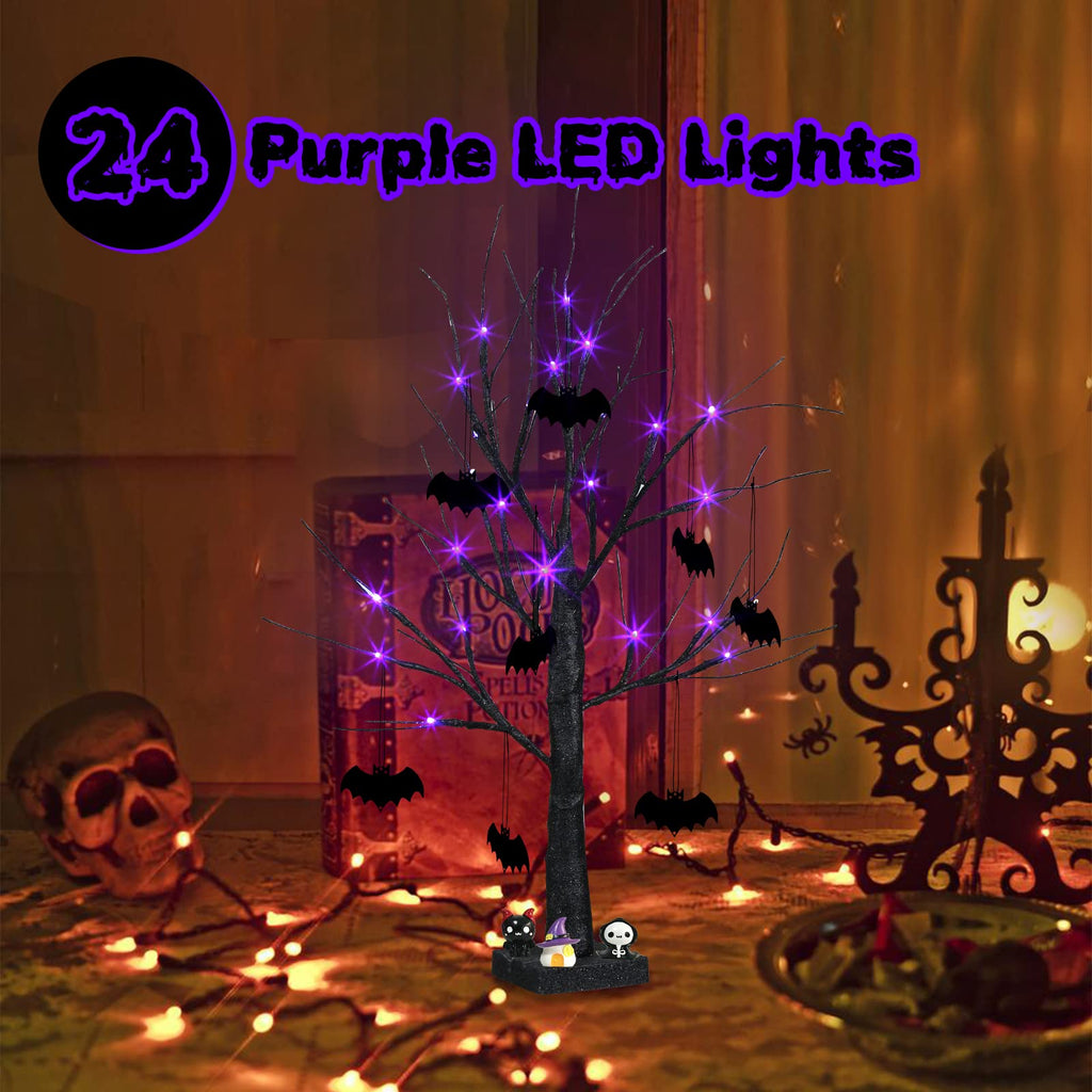 PEIDUO Halloween Decorations, 2FT Black Halloween Tree with 24 Purple Lights and 8 Bat Ornaments, Light up Halloween Decorations with Timer for Indoor Home Desk Table Decor Battery Powered