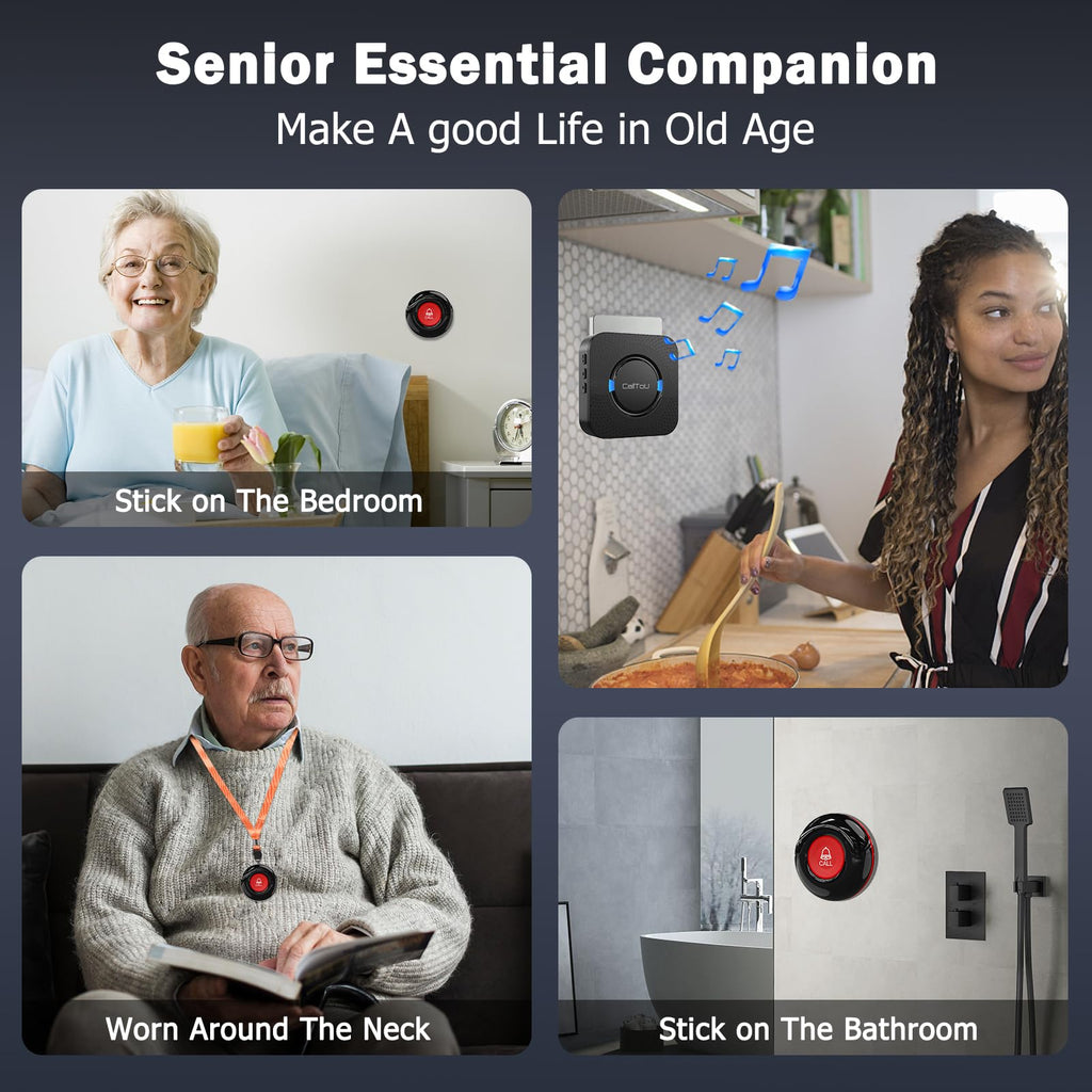 CallToU Wireless Caregiver Call Button Elderly Monitoring Alert Systems for Seniors 1 Plugin Receiver 2 Waterproof Transmitters