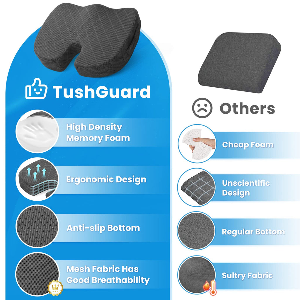TushGuard Back&Seat Cushion, Car Seat Office Chair Cushions, Sciatica & Back Coccyx Tailbone Discomfort Easing Chair Pad, Memory Foam Lumbar Support Pillow for Desk, Wheelchair, Driving (Grey)
