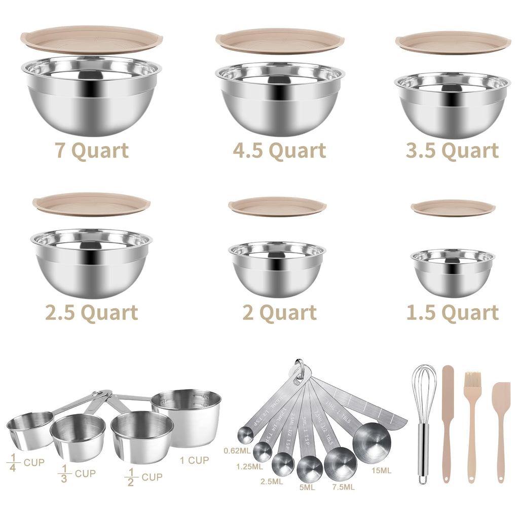 WEPSEN Mixing Bowls Set, 27PCS Khaki Mixing Bowls With Lids Set Stainless Steel Kitchen Large Nesting Metal Bowl 7QT to 1.5QT, Measuring Cups and Spoons for Prepping Cooking Serving
