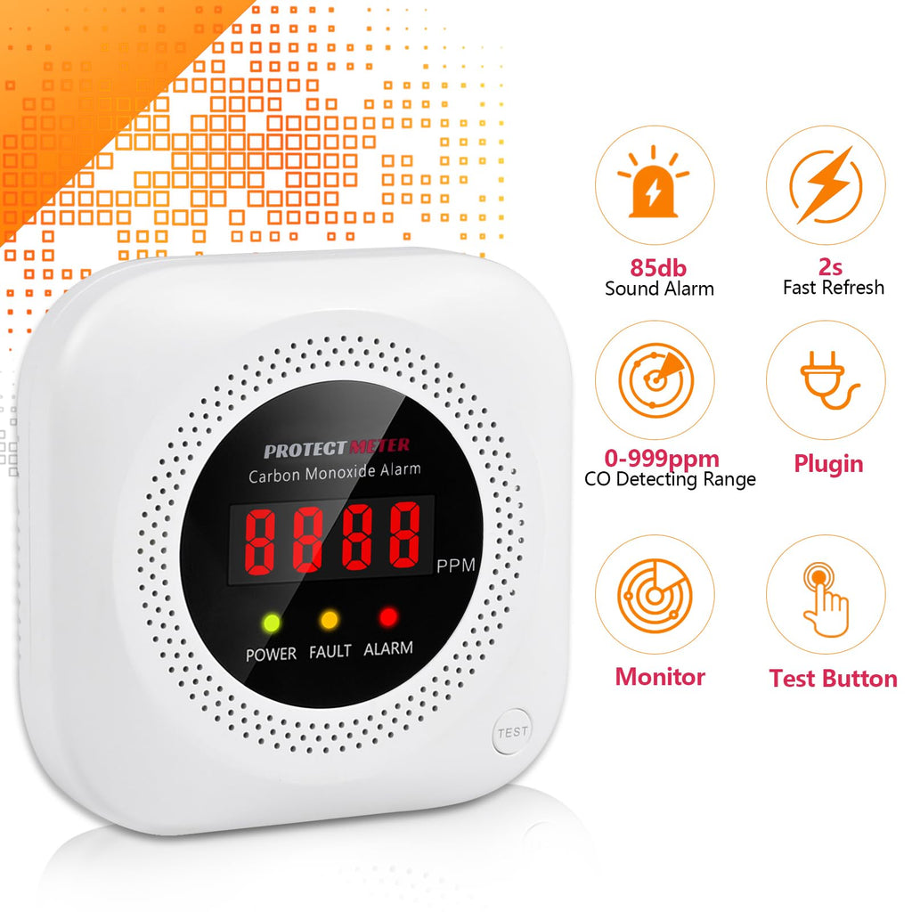 Carbon Monoxide Detectors, 2 Pack Protectmeter Portable Carbon Monoxide detectors Plug in Wall for Travel, CO Alarm/Monitor for Home/Hotel Room/RV with AC Socket with Digital LCD
