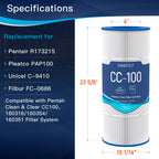 Grefilt CC100 Pool Filter Cartridge, Compatible with Pentair CC100, CCRP100, Replaces Pleatco PAP100, Unicel C-9410, Filbur FC-0686, Pentair R173215, 100 sq.ft, Dimensions: 23 5/8" x 10 1/16"