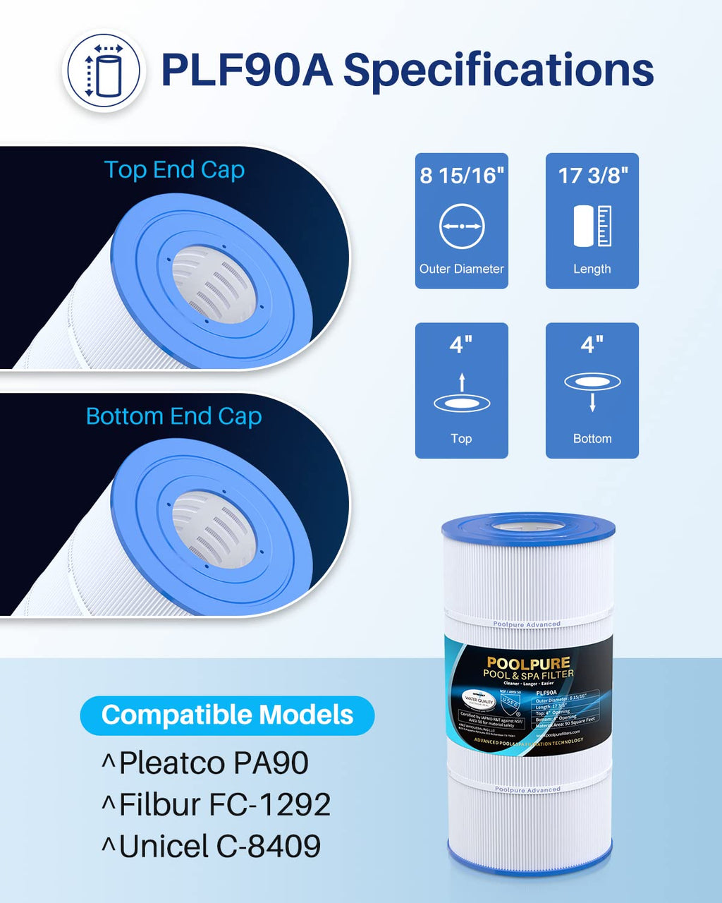POOLPURE PLF90A Pool Filter Replaces Hayward C900, CX900RE, Pleatco PA90, Ultral-B6, Unicel C-8409, Filbur FC-1292, Sta-Rite PXC95, 90 sq.ft, L x OD: 17 3/8" x 8 15/16" (2 Pack)