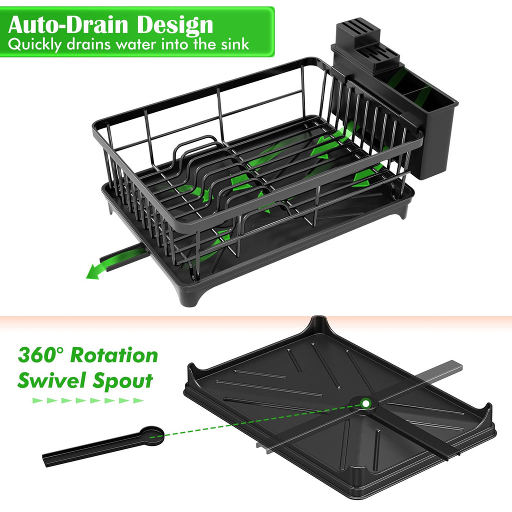 Dish Drying Rack - Space-Saving Small Dish Rack for Kitchen Counter, Rust-Resistant Kitchen Drying Rack, Compact Dish Drainer Organizer with Utensil Holder for Home Kitchen, Black