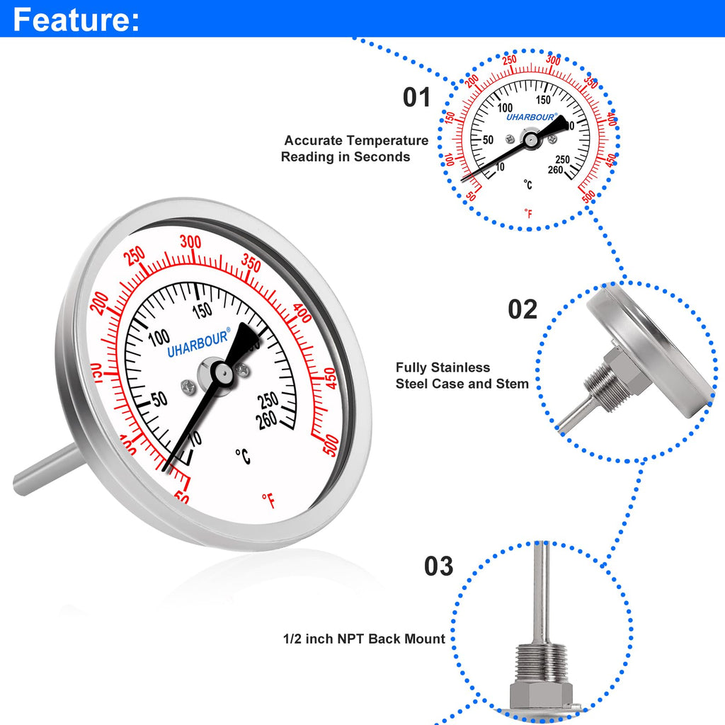 UHARBOUR 3" Dial Oil Thermometer for Frying, Fully StainlessSteel Deep Fry Thermometer, 2-1/2" Stainless Steel Stem, 50 to 500°F, 1/2" NPT Back Mount