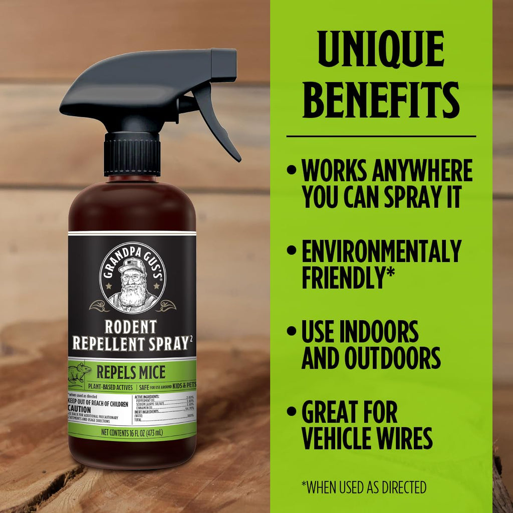 Grandpa Gus's Double-Potent Rodent Repellent Spray, Peppermint & Cinnamon Oil, Prevents Mouse/Rats from Nesting & Chewing on Wires, 16 fl oz (Pack of 1)