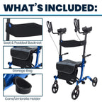 Vive Mobility Upright Walker with Seat, for Seniors, Women - Stand Up Rollator, Arm Rests, Heavy Duty, Folding Medical Aid Scooter for Elderly, Seniors - Walking Foldable Assist (Blue, Black Bag)