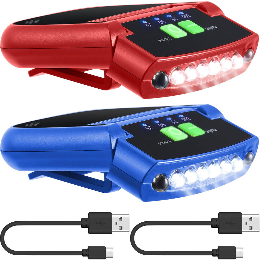 Mudder 2 Pieces LED Clip on Cap Lights USB Rechargeable Cap Flashlight Clip Waterproof Ultra Bright Hat Flashlight Headlamp for Christmas Fishing Camping Hand Work(Blue, Red)