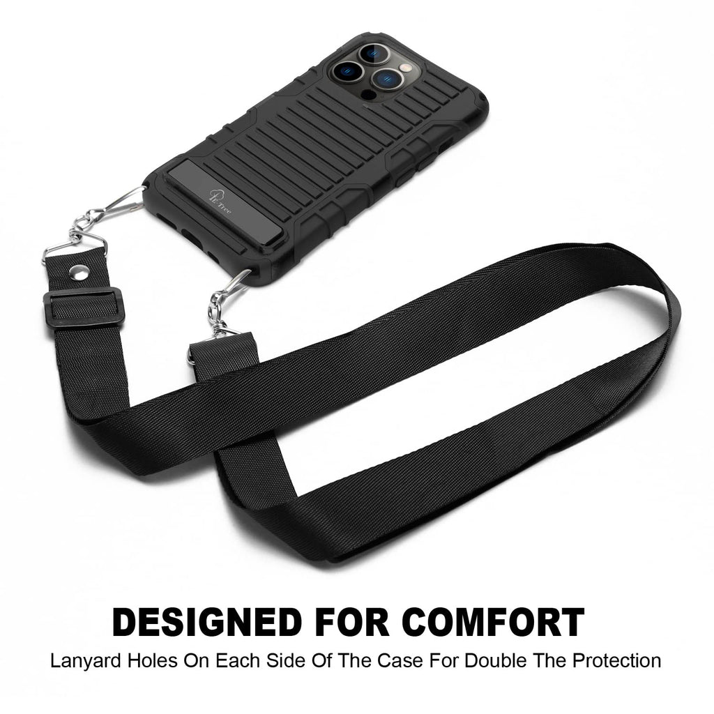 E-Tree Compatible with iPhone 13 Pro Case, with Crossbody Strap and Stand, Shockproof Protective Hard Phone Case Black, Perfect for Go Outside and Kid Elderly, 6.1 inch