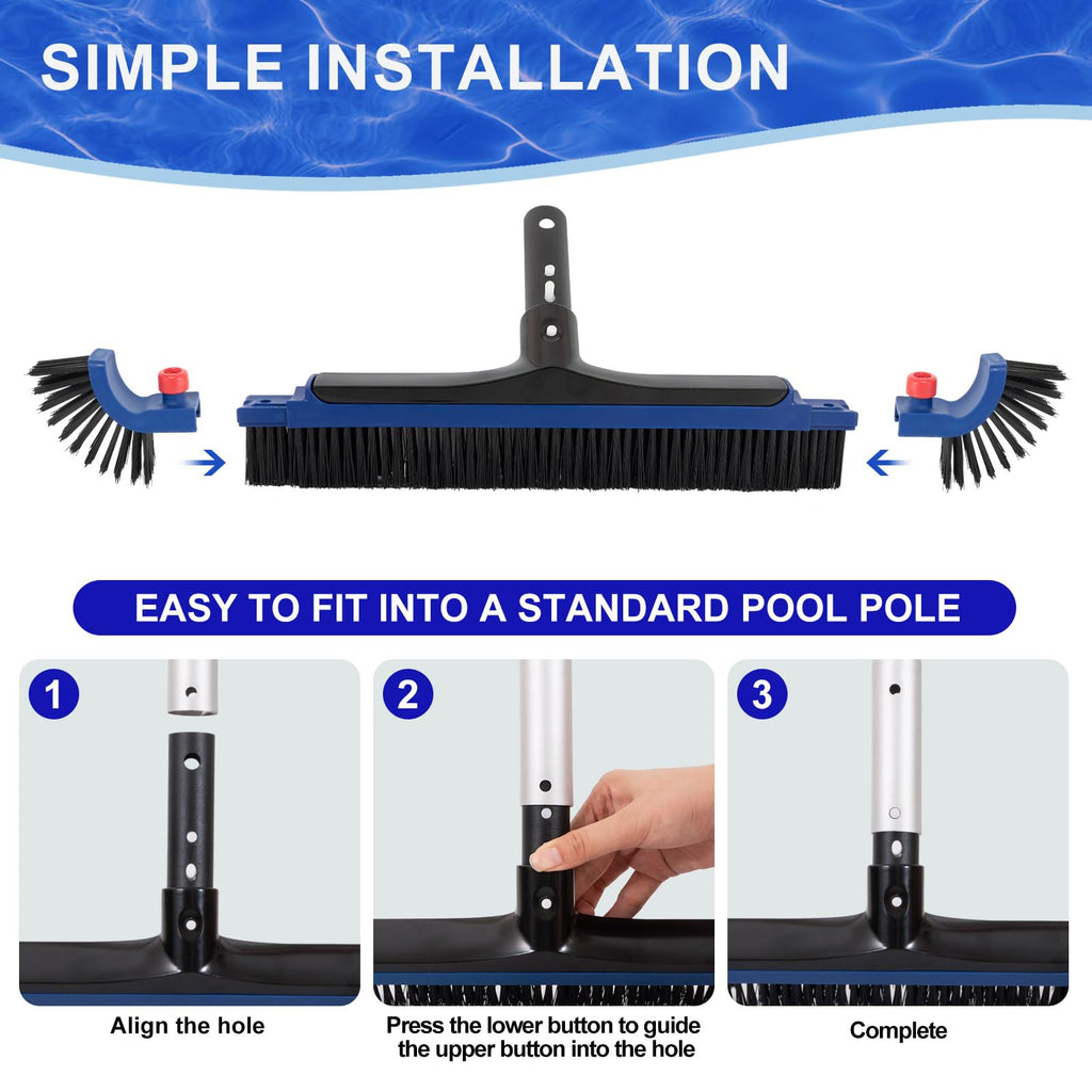 POOLAZA 20'' Pool Brush, Curved Ends Pool Brush Head for Inground Pools with BPT Bristles & EZ Clip, Premium Pool Brushes for Cleaning Pool Walls & Floors, Heavy Duty High-Efficiency Pool Scrub Brush