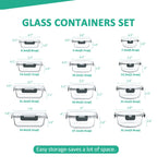 KOMUEE 24 Pieces Glass Food Storage Containers Set,Glass Meal Prep Containers-Stackable Airtight Glass Storage Containers with lids,Freezer to Oven Safe,Gray