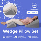 AllSett Health Bed Wedge Pillow – 2 Separate Memory Foam Incline Cushions, System for Legs, Knees and Back Support Pillow - Grey