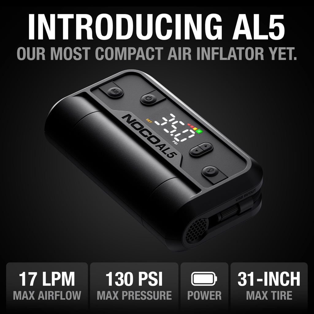 NOCO Air AL5: Cordless Tire Inflator – Portable Rechargeable Air Compressor with USB-C – 17 LPM Inflates 0–40 PSI in 7 Minutes – Digital Gauge + Auto-Shutoff – For Tires up to 31-Inches