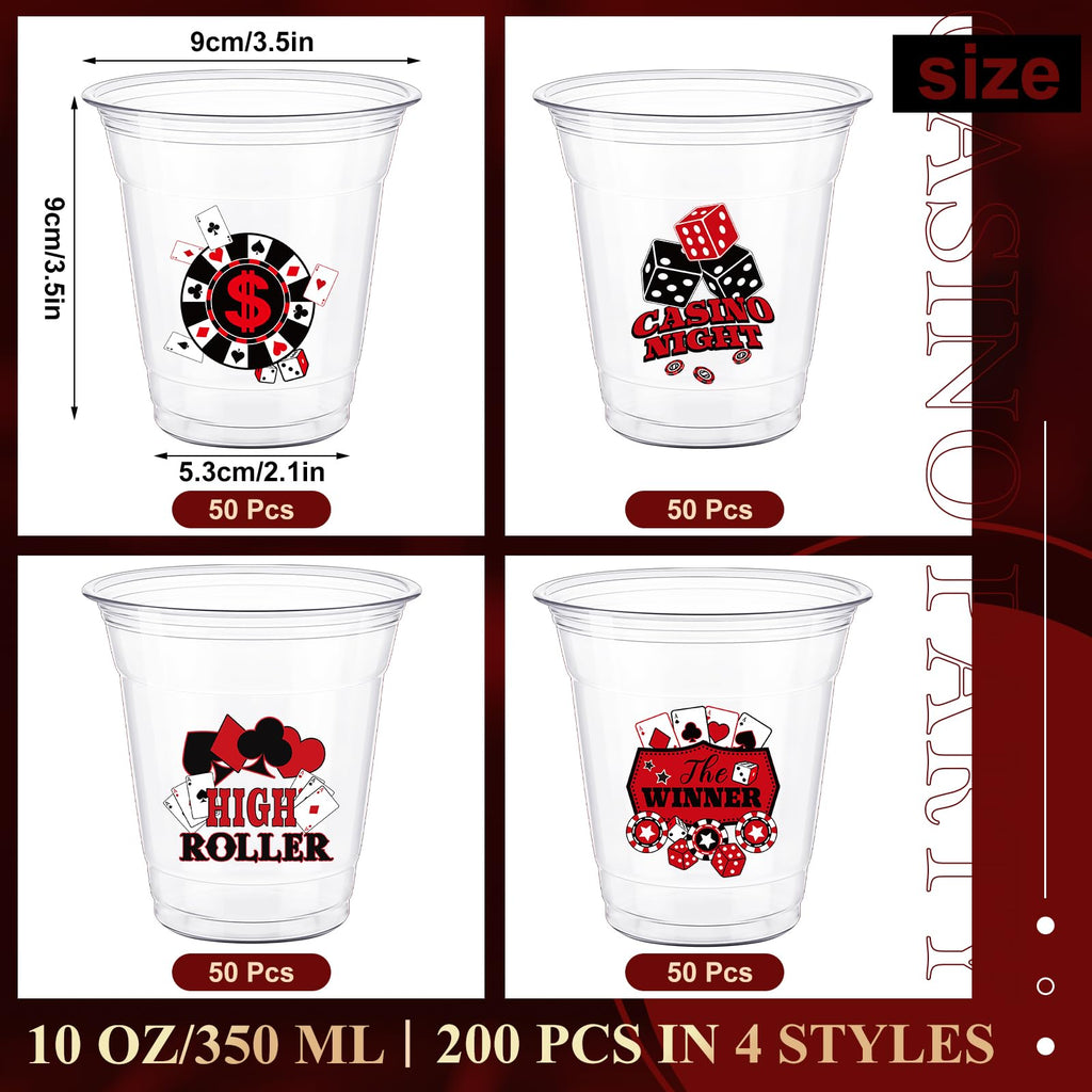 Pickmesh 200 Pack Casino Night Disposable Plastic Cups Bulk 10 oz Clear Plastic Cups Disposable Tumbler Cups for Casino Party Decorations Dice Poker Themed Game Supplies