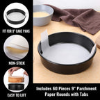 HIWARE 9-Inch Round Cakes Pan Set with 60 Pieces Parchment Paper Rounds, Nonstick Baking Cake Pans, Dishwasher Safe - Set of 2