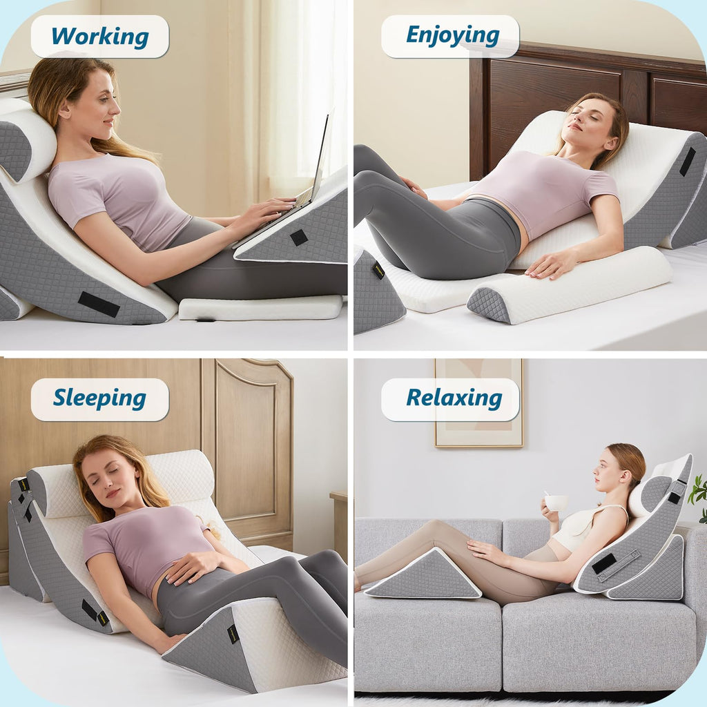 Longering 6PCS Orthopedic Bed Wedge Pillow Set for Sleeping - Post Surgery Pillow Set for Body Back and Leg Pain Relief - Adjustable Pillows for Snoring & Heartburn & Acid Reflux (White Grey)