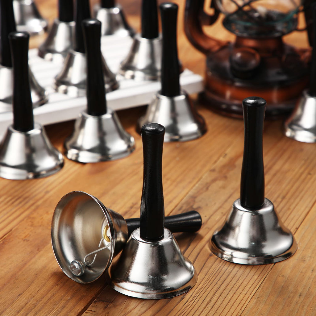 Fumete 100 Pcs Metal Ringing Bells Wedding Bells Dinner Service Call Bell Steel Handbells with Wooden Handle for Wedding Decors Schools Musical Percussion The Sick Elderly Alert(Silver)