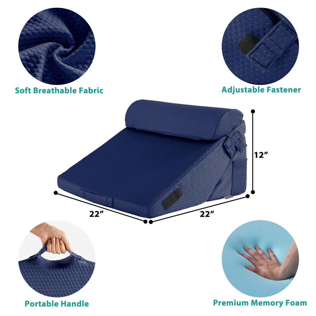 Bedluxe 3Pcs Orthopedic Bed Wedge Pillow Set, Foam Wedge Pillow Post Surgery for Back, Leg and Knee Support, Adjustable 9&12 Inch Folding Triangle Pillow for Sleeping, Acid Reflux, Snoring, Navy