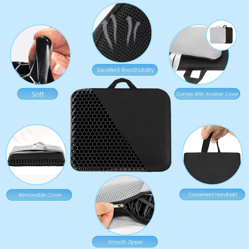 XSIUYU Extra-Large Gel Seat Cushion for Long Sitting - Back, Hip, Tailbone Pain Relief Cushion - Gel Seat Cushion for Office Chair, Cars - Egg Seat Gel Cushion for Wheelchair Pressure Relief Black
