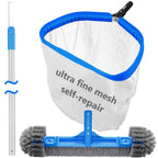 TidyMister Pool Cleaning Kit Full Set - 17.5'' Self-Repair Pool Nylon Net Ultra Fine Mesh & 17.5'' Detachable Round End Pool Brush & 10 Ft Pool Pole with Hook, for Above Ground In-ground Pools, Spas