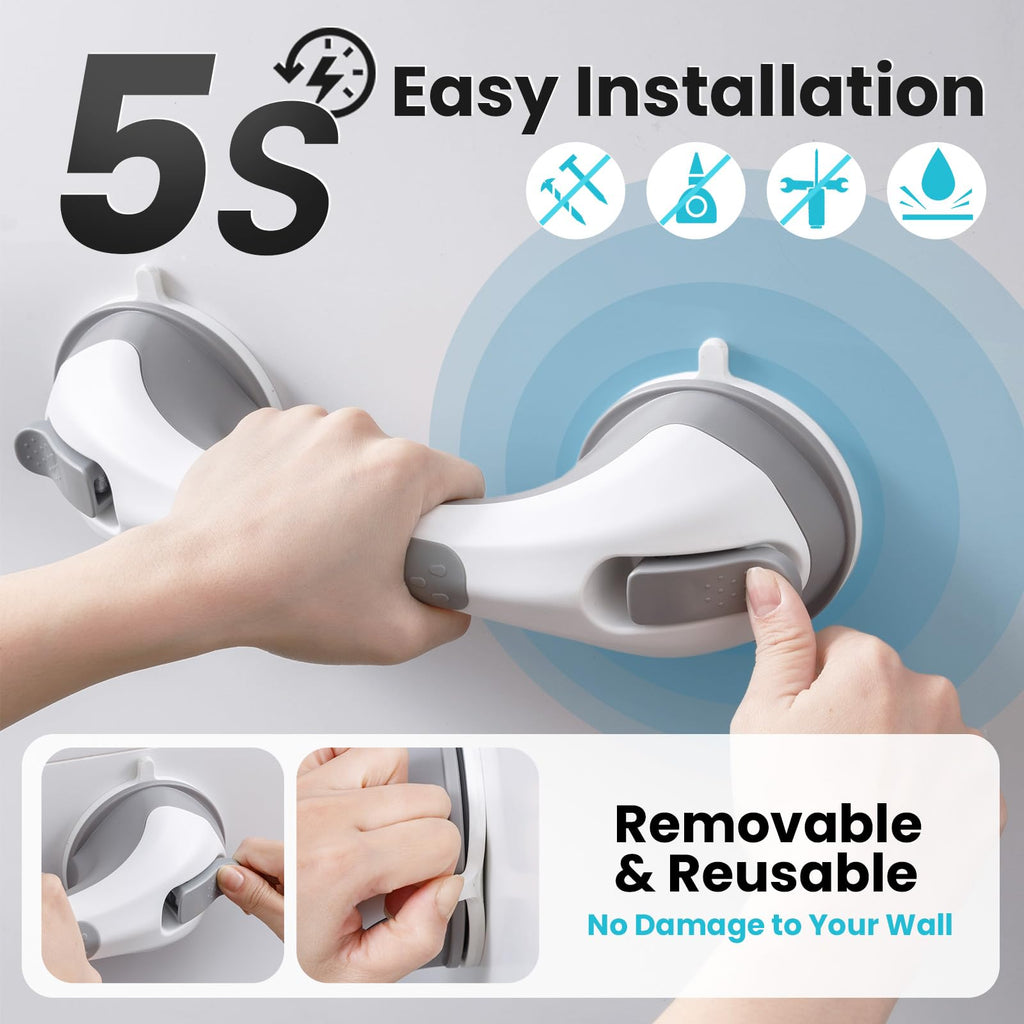TAILI Shower Grab Bar, 12 Inch Shower Handle for Bathtubs and Showers for Elderly, Suction Grab Bars for Seniors Bathroom Safety Handle for Elderly, No Drilling Removable,Grey