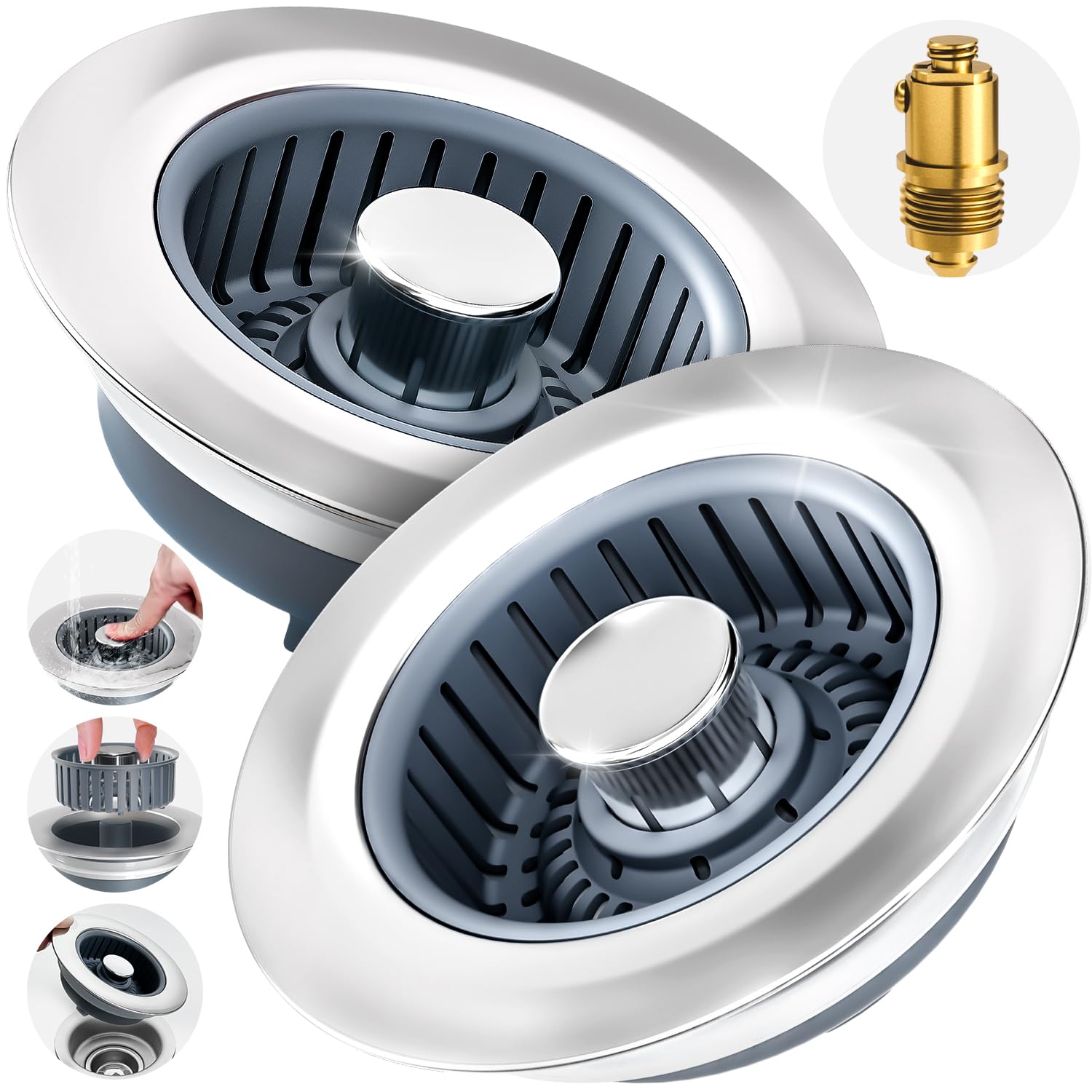 zaa 2 Pack Sink Drain Strainer, Sink Stopper, 3 in 1 Stainless Steel Kitchen Sink Drain Strainer with Anti-Clogging Basket, Fit US Standard 3-1/2 Inch Drain Hole